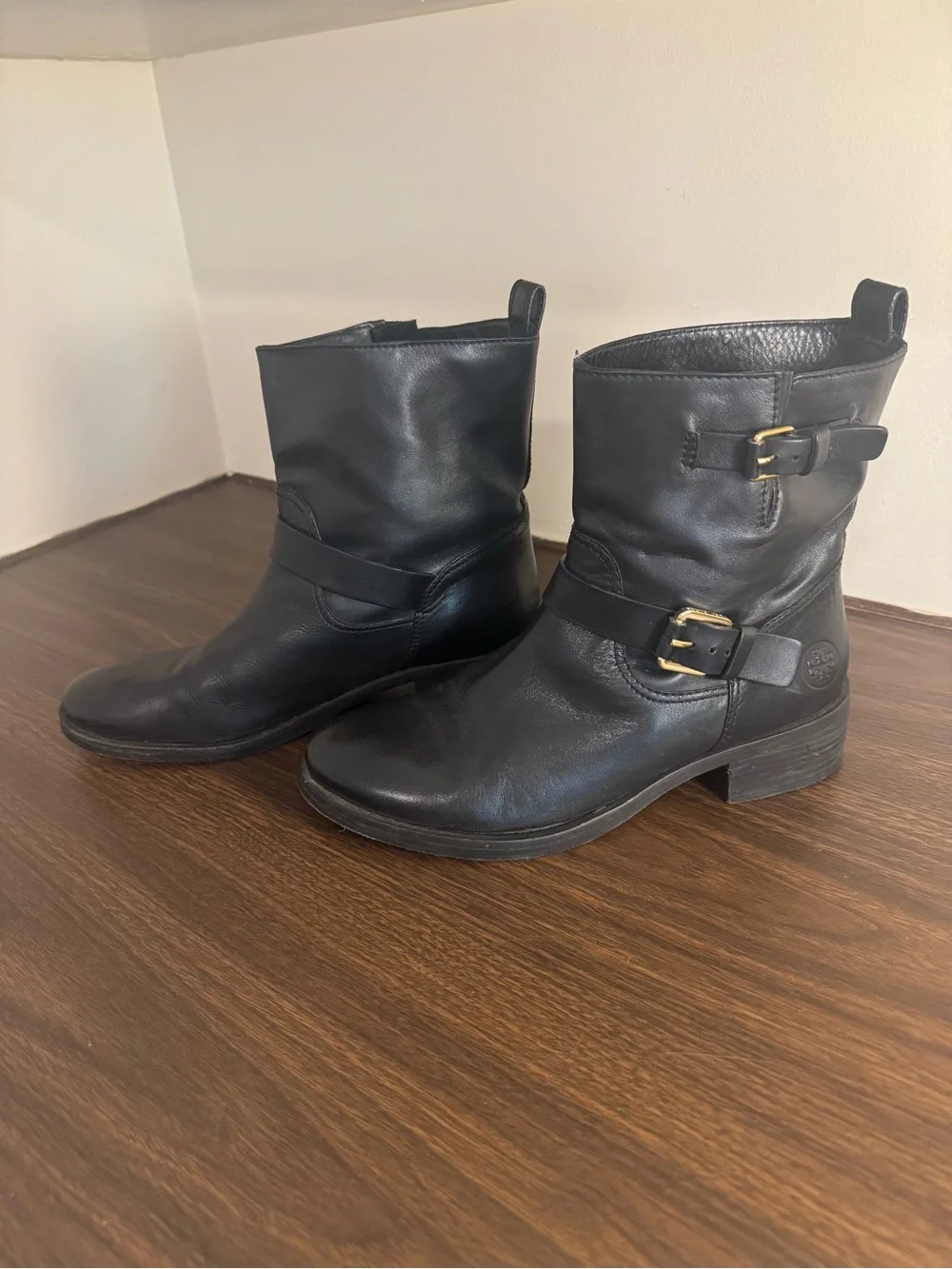 Tory Burch Black Leather Moto Ankle Boots Buckle Engineer Boots Women’s Size 9M
